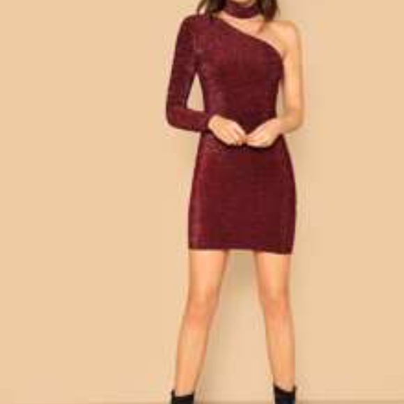 NWT One Shoulder Glitter Dress With Choker - Picture 3 of 5
